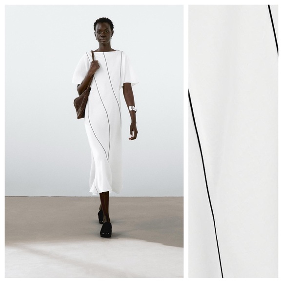 NWT. Massimo Dutti White Flowing Midi Dress with Contrasting Details. Size M.